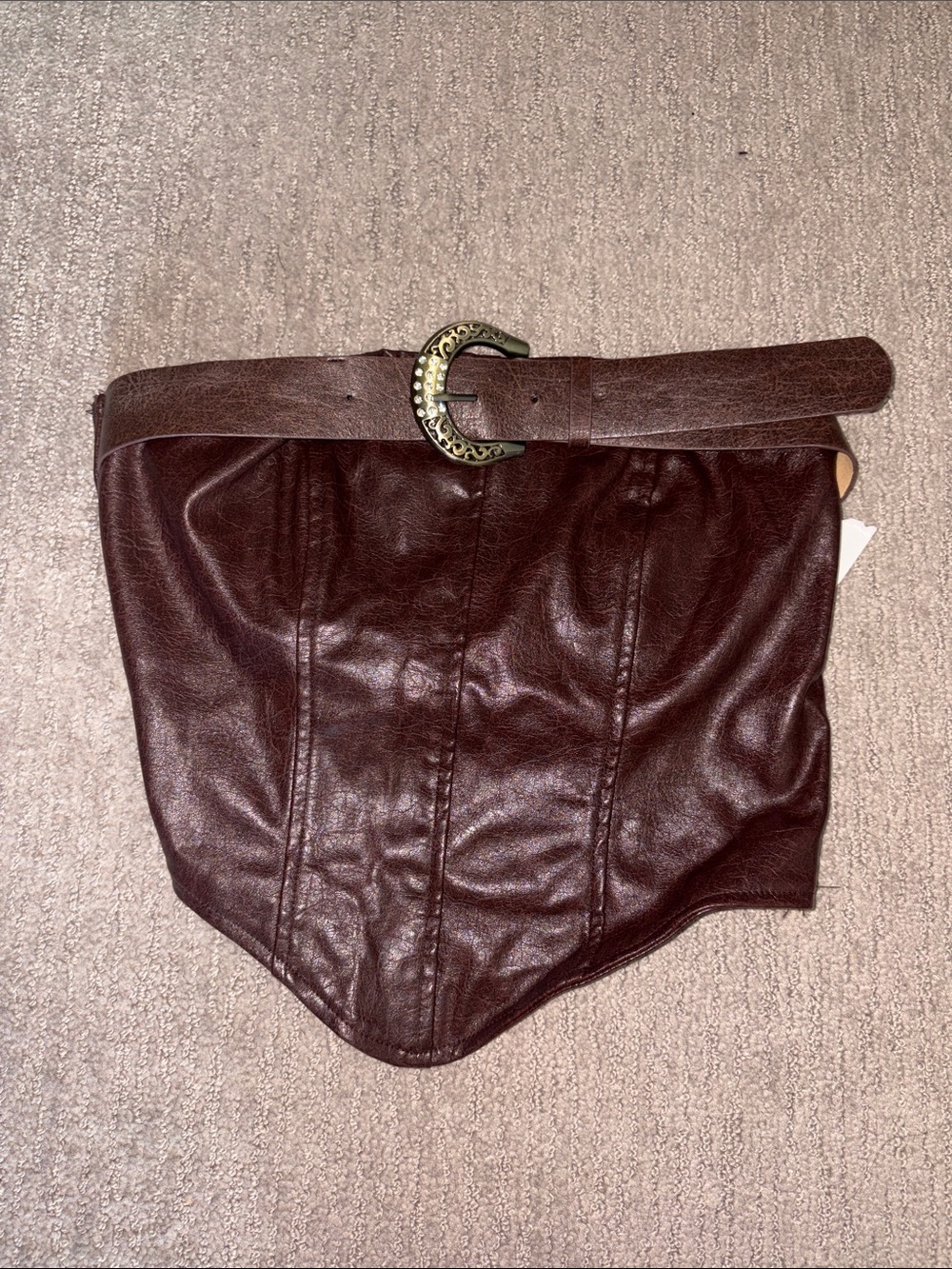 SHEIN Dark Brown Faux Leather Corset Crop Top with Belt